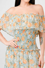 Load image into Gallery viewer, Floral Chiffon Off Shoulder Smocked Back Ruffled Tiered Maxi Dress
