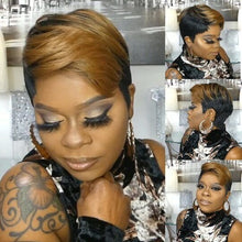 Charger l'image dans la galerie, WIGERA – perruque synthétique courte et lisse à reflets, coupe Pixie, cheveux noirs mélangés miel et or pour femmes
