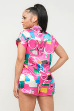 Charger l&#39;image dans la galerie, Ensemble haut boutonné et short en satin imprimé Dolman
