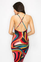 Charger l&#39;image dans la galerie, Robe midi multicolore à imprimé marbré et dos croisé
