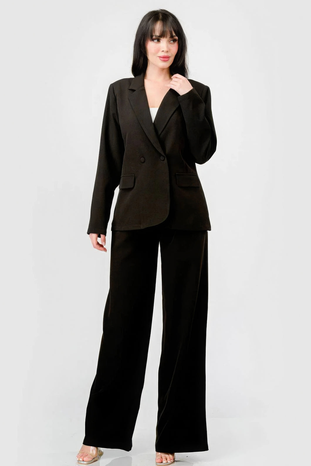 Ensemble semi-formel de luxe extensible tissé avec blazer et pantalon à jambes larges