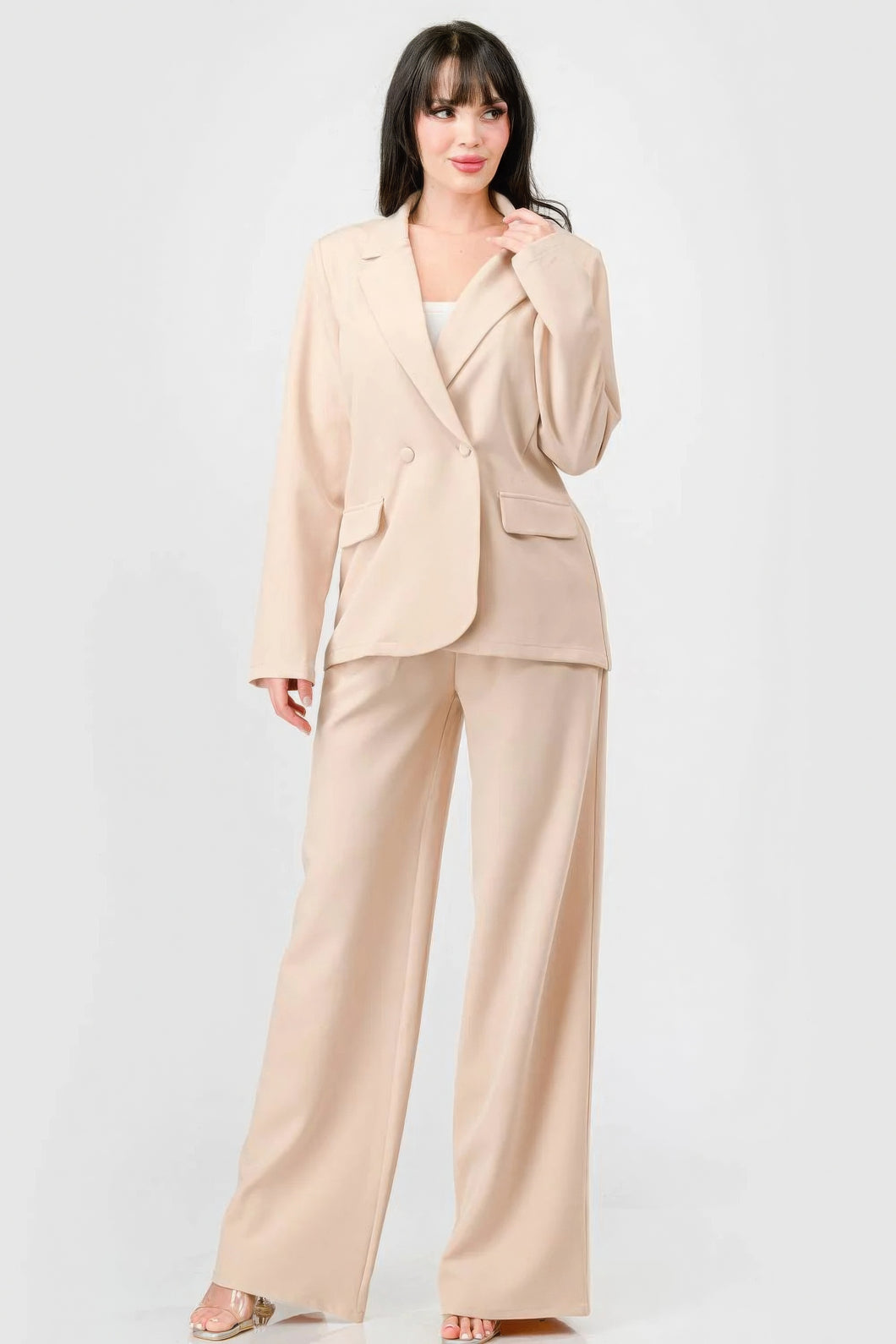 Ensemble semi-formel de luxe extensible tissé avec blazer et pantalon à jambes larges