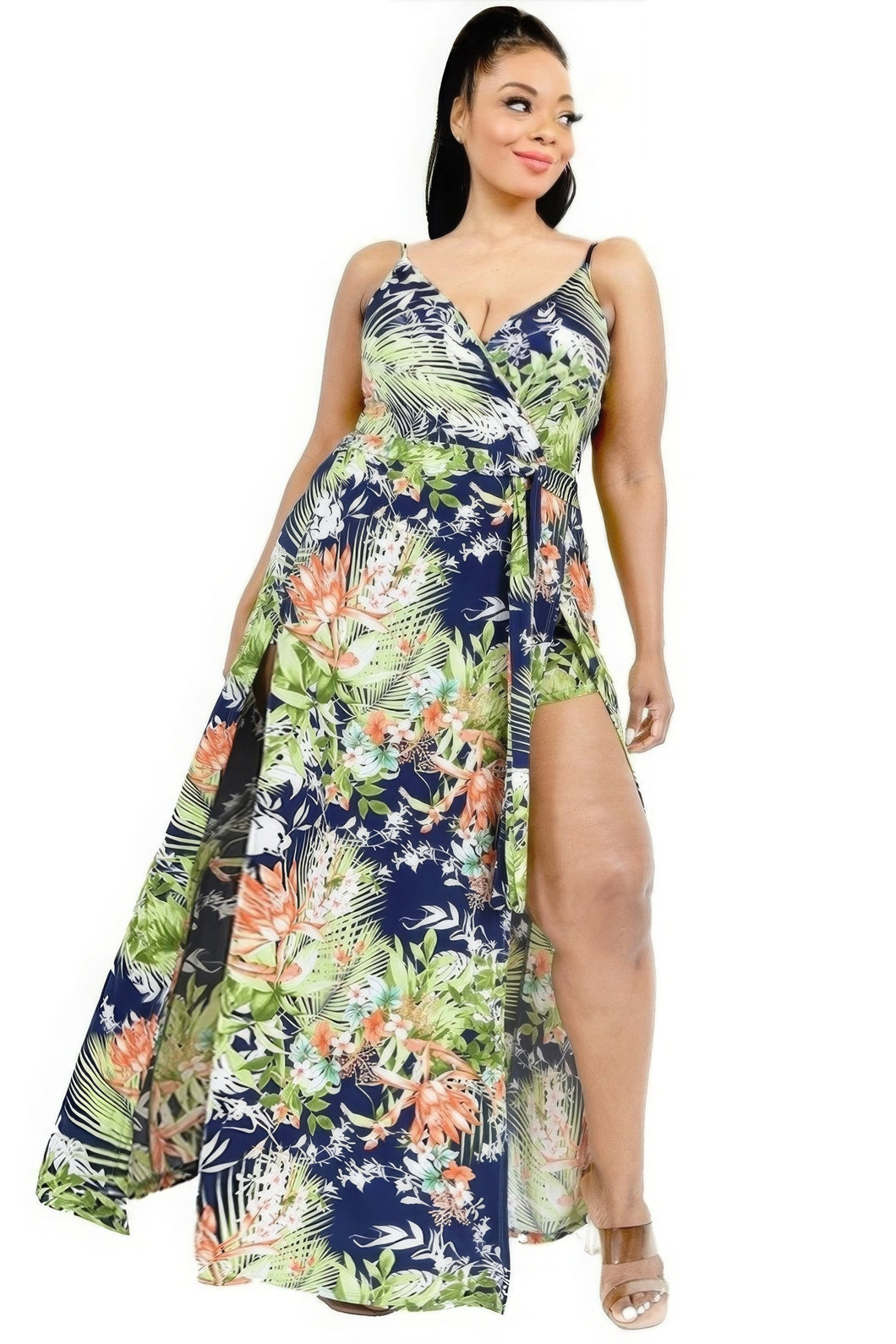 Plus - Robe longue à surplis et imprimé feuilles tropicales