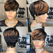 Charger l&#39;image dans la galerie, WIGERA – perruque synthétique courte et lisse à reflets, coupe Pixie, cheveux noirs mélangés miel et or pour femmes 
