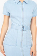 Load image into Gallery viewer, Belted Bodycon Collared Denim Dress
