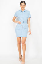 Load image into Gallery viewer, Belted Bodycon Collared Denim Dress
