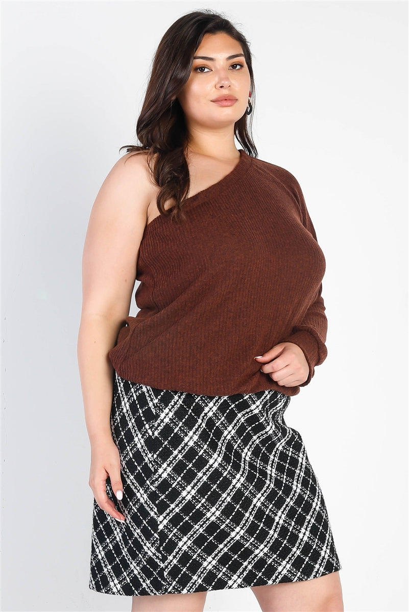 Plus - Haut asymétrique côtelé texturé marron