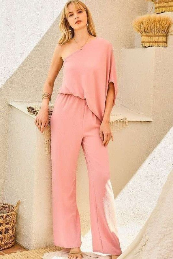 Combinaison pantalon élastique solide, asymétrique épaule dénudée, manches 3/4, taille déséquilibrée