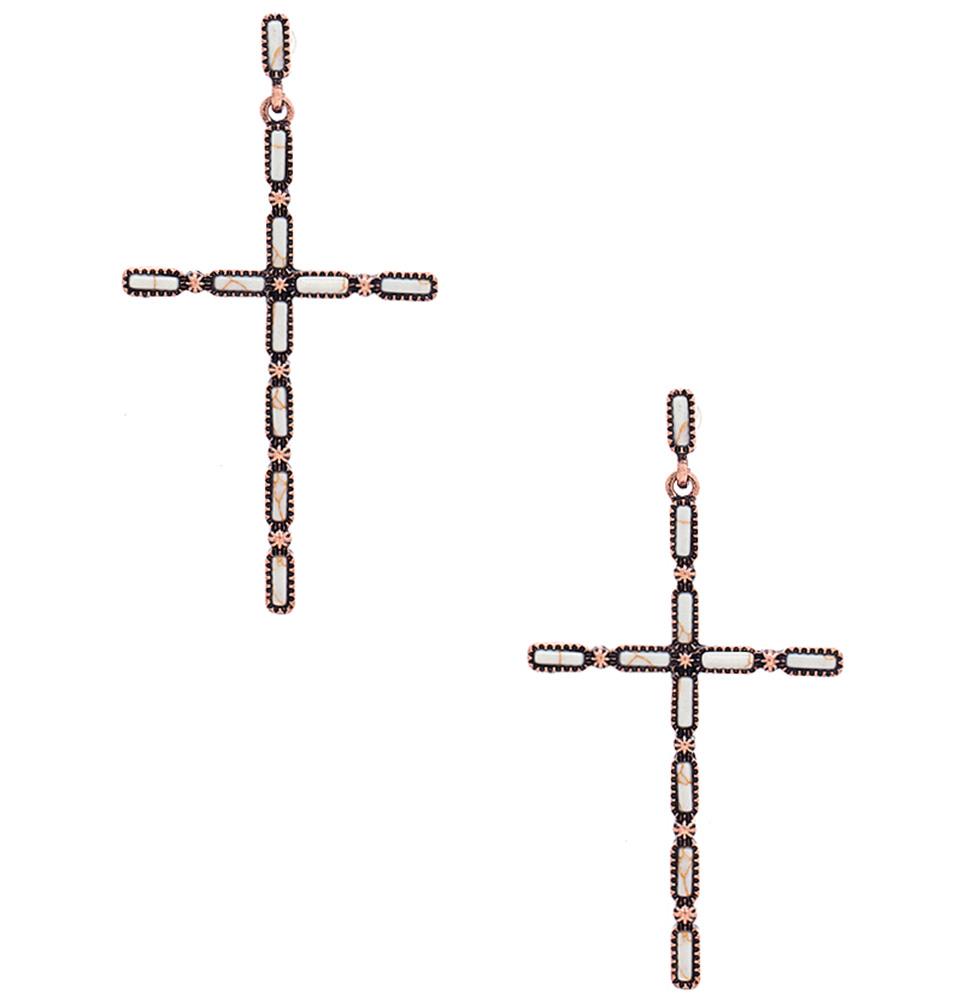 Boucle d'oreille en métal avec croix à motif multi-pierres