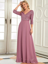 Charger l&#39;image dans la galerie, Robes élégantes Robes de soirée élégantes longue col en V manches trois quarts robe a-ligne 2023 jamais jolie de paillettes en mousseline de soie simple robe de bal pour femmes 
