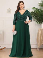 Charger l&#39;image dans la galerie, Robes élégantes Robes de bal de grande taille longue sexy col en V A-ligne paillettes avec manches 3/4 2023 toujours jolie de robe de demoiselle d&#39;honneur vert foncé femmes 
