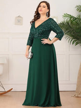 Charger l&#39;image dans la galerie, Robes élégantes Robes de bal de grande taille longue sexy col en V A-ligne paillettes avec manches 3/4 2023 toujours jolie de robe de demoiselle d&#39;honneur vert foncé femmes 

