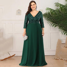 Charger l&#39;image dans la galerie, Robes élégantes Robes de bal de grande taille longue sexy col en V A-ligne paillettes avec manches 3/4 2023 toujours jolie de robe de demoiselle d&#39;honneur vert foncé femmes 

