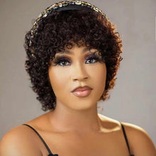Charger l&#39;image dans la galerie, Perruque coupe lutin cheveux humains courts bouclés perruques de cheveux humains pour les femmes cheveux humains pas cher pleine Machine perruques court bouclés Bob perruque avec frange 
