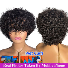 Charger l&#39;image dans la galerie, Perruque coupe lutin cheveux humains courts bouclés perruques de cheveux humains pour les femmes cheveux humains pas cher pleine Machine perruques court bouclés Bob perruque avec frange 
