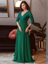Charger l&#39;image dans la galerie, Robes élégantes Robes de soirée élégantes longue col en V manches trois quarts robe a-ligne 2023 jamais jolie de paillettes en mousseline de soie simple robe de bal pour femmes 
