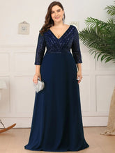 Charger l&#39;image dans la galerie, Robes élégantes Robes de bal de grande taille longue sexy col en V A-ligne paillettes avec manches 3/4 2023 toujours jolie de robe de demoiselle d&#39;honneur vert foncé femmes 
