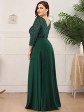 Charger l&#39;image dans la galerie, Robes élégantes Robes de bal de grande taille longue sexy col en V A-ligne paillettes avec manches 3/4 2023 toujours jolie de robe de demoiselle d&#39;honneur vert foncé femmes 
