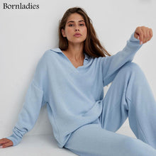 Charger l&#39;image dans la galerie, Bornladies – costume tricoté épais pour femme, ensemble 2 pièces en cachemire doux, pull à col Polo et pantalon à jambes larges, tenue tricotée, hiver 
