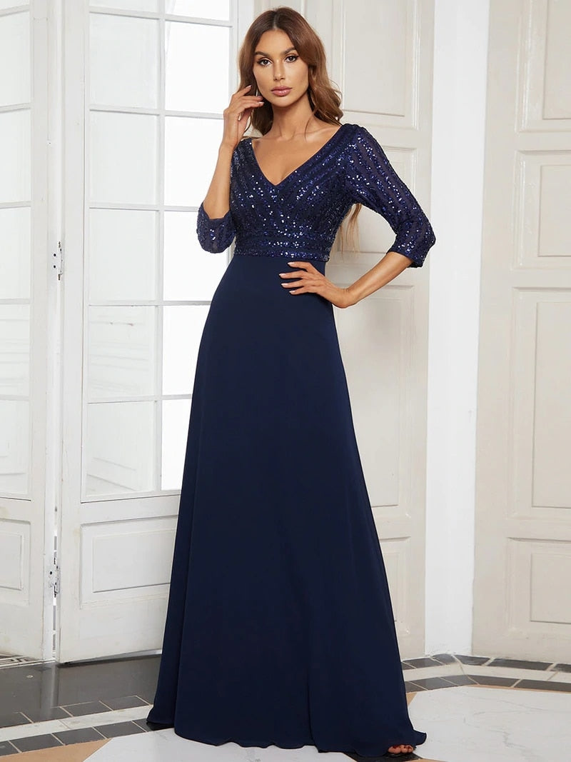 Robes élégantes Robes de soirée élégantes longue col en V manches trois quarts robe a-ligne 2023 jamais jolie de paillettes en mousseline de soie simple robe de bal pour femmes 
