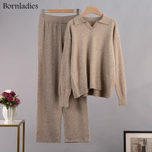 Charger l&#39;image dans la galerie, Bornladies – costume tricoté épais pour femme, ensemble 2 pièces en cachemire doux, pull à col Polo et pantalon à jambes larges, tenue tricotée, hiver 
