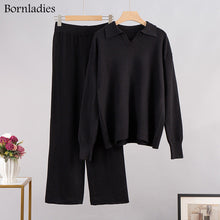 Charger l&#39;image dans la galerie, Bornladies – costume tricoté épais pour femme, ensemble 2 pièces en cachemire doux, pull à col Polo et pantalon à jambes larges, tenue tricotée, hiver 
