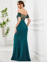 Charger l&#39;image dans la galerie, Robes élégantes Robes de soirée magnifiques épaules dénudées queue de poisson manches courtes fendues 2023 toujours jolie de conception Paillette robe de demoiselle d&#39;honneur bleu sarcelle 
