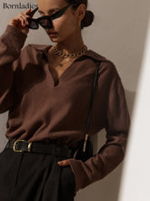 Charger l&#39;image dans la galerie, Bornladies – costume tricoté épais pour femme, ensemble 2 pièces en cachemire doux, pull à col Polo et pantalon à jambes larges, tenue tricotée, hiver 
