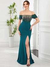 Charger l&#39;image dans la galerie, Robes élégantes Robes de soirée magnifiques épaules dénudées queue de poisson manches courtes fendues 2023 toujours jolie de conception Paillette robe de demoiselle d&#39;honneur bleu sarcelle 
