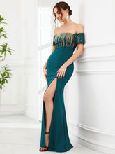 Charger l&#39;image dans la galerie, Robes élégantes Robes de soirée magnifiques épaules dénudées queue de poisson manches courtes fendues 2023 toujours jolie de conception Paillette robe de demoiselle d&#39;honneur bleu sarcelle 
