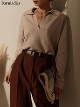 Charger l&#39;image dans la galerie, Bornladies – costume tricoté épais pour femme, ensemble 2 pièces en cachemire doux, pull à col Polo et pantalon à jambes larges, tenue tricotée, hiver 
