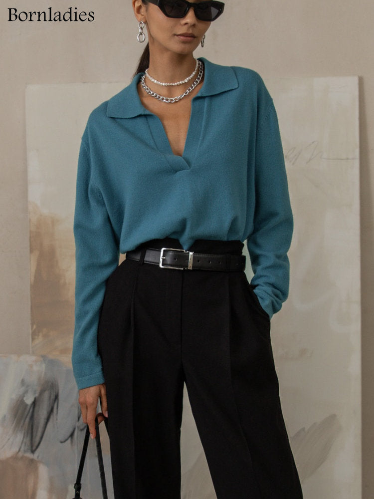 Bornladies – costume tricoté épais pour femme, ensemble 2 pièces en cachemire doux, pull à col Polo et pantalon à jambes larges, tenue tricotée, hiver 