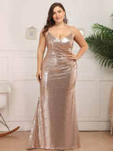 Charger l&#39;image dans la galerie, Robes élégantes Plus la taille 7XL robes de soirée longue col en V sans manches robe à bretelles spaghetti 2023 Ever Pretty de paillettes Rose GoldProm femmes robe 
