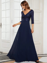 Charger l&#39;image dans la galerie, Robes élégantes Robes de soirée élégantes longue col en V manches trois quarts robe a-ligne 2023 jamais jolie de paillettes en mousseline de soie simple robe de bal pour femmes 
