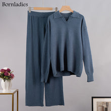 Charger l&#39;image dans la galerie, Bornladies – costume tricoté épais pour femme, ensemble 2 pièces en cachemire doux, pull à col Polo et pantalon à jambes larges, tenue tricotée, hiver 

