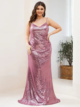 Charger l&#39;image dans la galerie, Robes élégantes Plus la taille 7XL robes de soirée longue col en V sans manches robe à bretelles spaghetti 2023 Ever Pretty de paillettes Rose GoldProm femmes robe 
