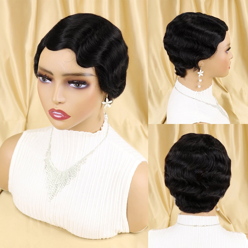 Perruques brésiliennes courtes coupe lutin, cheveux naturels ondulés, coiffures pour femmes noires, entièrement faites à la Machine, sans colle 