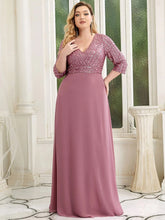 Charger l&#39;image dans la galerie, Robes élégantes Robes de bal de grande taille longue sexy col en V A-ligne paillettes avec manches 3/4 2023 toujours jolie de robe de demoiselle d&#39;honneur vert foncé femmes 

