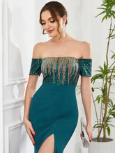 Charger l&#39;image dans la galerie, Robes élégantes Robes de soirée magnifiques épaules dénudées queue de poisson manches courtes fendues 2023 toujours jolie de conception Paillette robe de demoiselle d&#39;honneur bleu sarcelle 
