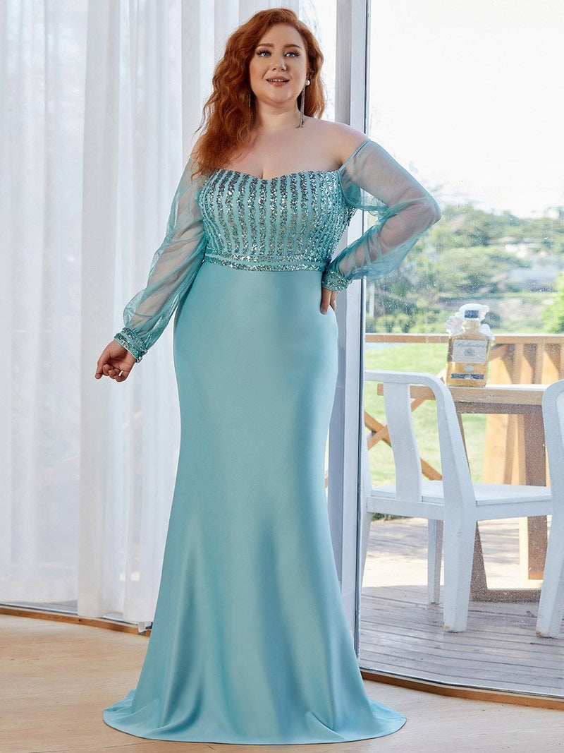 Robes élégantes Robe de soirée grande taille en dentelle à paillettes scintillantes et manches en maille sirène 2023 Ever Pretty Magnifiquerobe de bal grande taille pour femmes