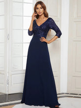 Charger l&#39;image dans la galerie, Robes élégantes Robes de soirée élégantes longue col en V manches trois quarts robe a-ligne 2023 jamais jolie de paillettes en mousseline de soie simple robe de bal pour femmes 

