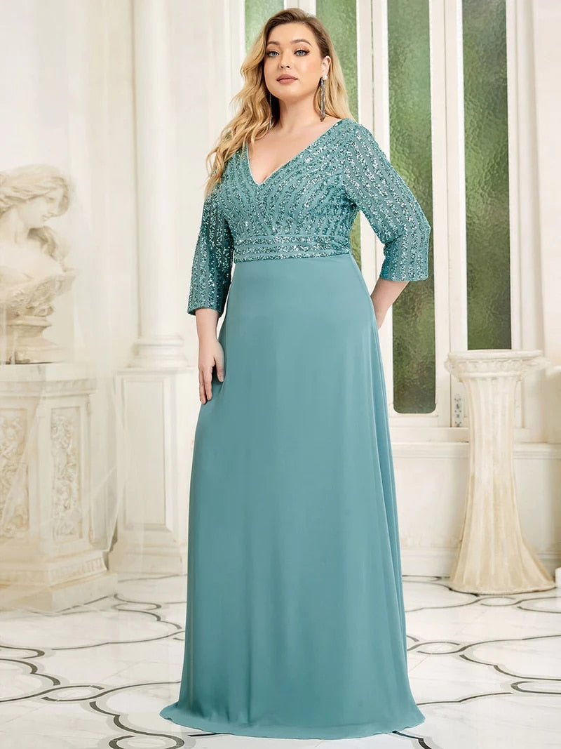 Robes élégantes Robes de bal de grande taille longue sexy col en V A-ligne paillettes avec manches 3/4 2023 toujours jolie de robe de demoiselle d'honneur vert foncé femmes 