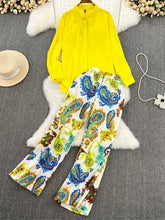 Load image into Gallery viewer, Vintage Women 2 Pieces Set Solid Casual Loose Yellow Shirts Tee High Waist Trousers Suit Female Fashion Beach Spring Pantsuit
